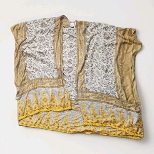 Sonoma Boho Kimono Cardigan Floral Yellow Gray Tassel Hem Open Front OS EUC